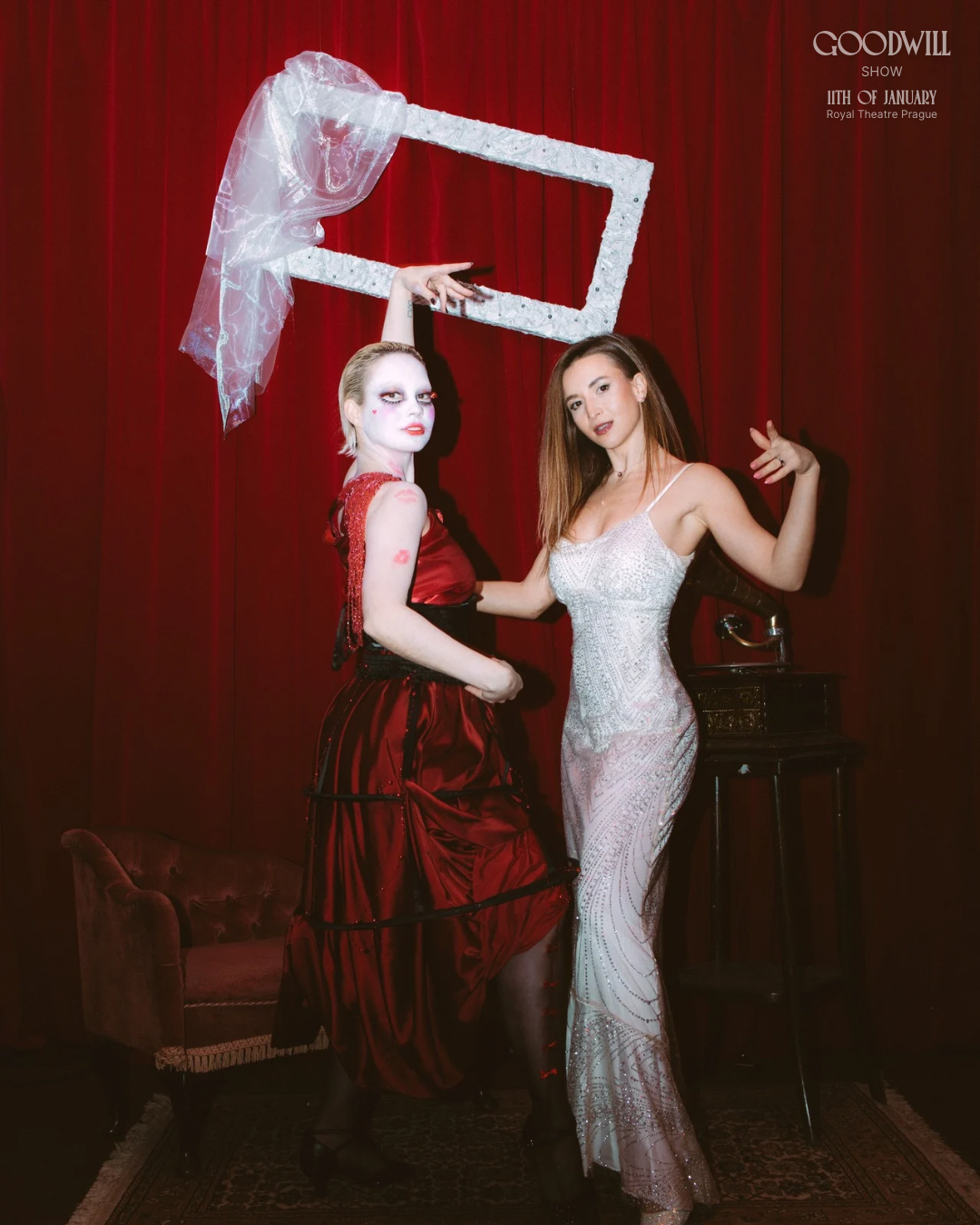 A GOODWILL guest dressed for the evening and wearing a theatrical mask